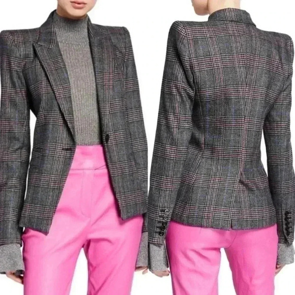 Veronica Beard Brock Dickey Jacket 0 Blazer Wool Grey Plaid Strong Shoulder $695 - Picture 7 of 16
